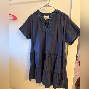 Pomander Place Navy Kinsley Dress with green stitching